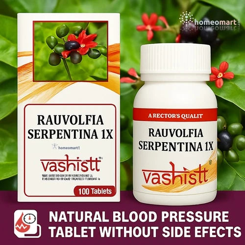 Vashisht Rauvolfia Serpentina 1X packaging and bottle on a green leafy background and Blood pressure icon 