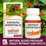 Vashisht Rauvolfia Serpentina 1X packaging and bottle on a green leafy background and Blood pressure icon 