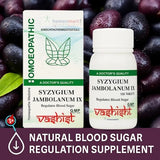 Vashish Syzygium Jambolanum IX Diabetes supplement bottle and packaging with Jamun in the background