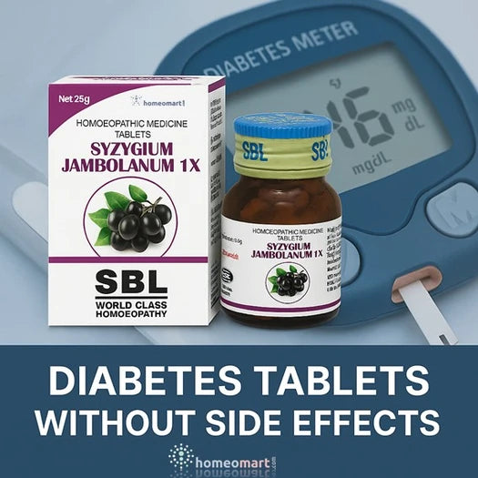 SBL Syzygium Jambolanum 1X diabetes tablets with a meter and text about diabetes tablets without side effects.