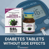 SBL Syzygium Jambolanum 1X diabetes tablets with a meter and text about diabetes tablets without side effects.