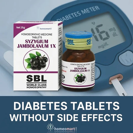SBL Syzygium Jambolanum 1X diabetes tablets with a meter and text about diabetes tablets without side effects.
