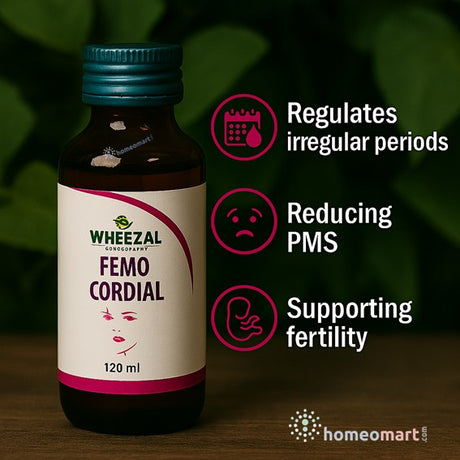 Wheezal Femo Cordial bottle with product benefits on a dark background