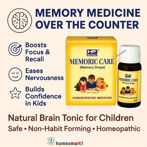 Infographic for HP Memoric Care homeopathic memory medicine over the counte for children with text highlighting benefits.