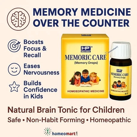 Infographic for HP Memoric Care homeopathic memory medicine over the counte for children with text highlighting benefits.