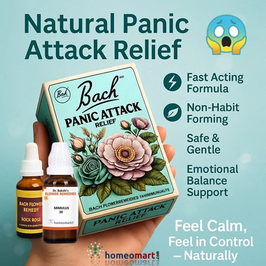 Bach Flower Remedies Panic Attack Relief packaging with bottles on a light blue background