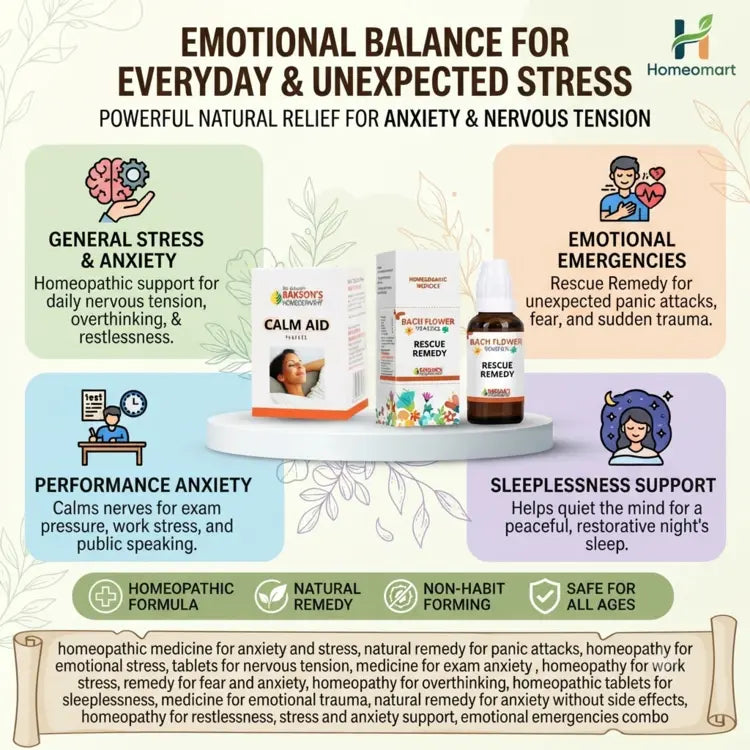 homeopathic medicine for anxiety and stress, natural remedy for panic attacks, homeopathy for emotional stress, tablets for nervous tension, medicine for exam anxiety, homeopathy for work stress, remedy for fear and anxiety, homeopathy for overthinking, homeopathic tablets for sleeplessness, medicine for emotional trauma, natural remedy for anxiety without side effects, homeopathy for restlessness, stress and anxiety support, emotional emergencies combo, Rescue Remedy for anxiety, Bach flower remedy for pan