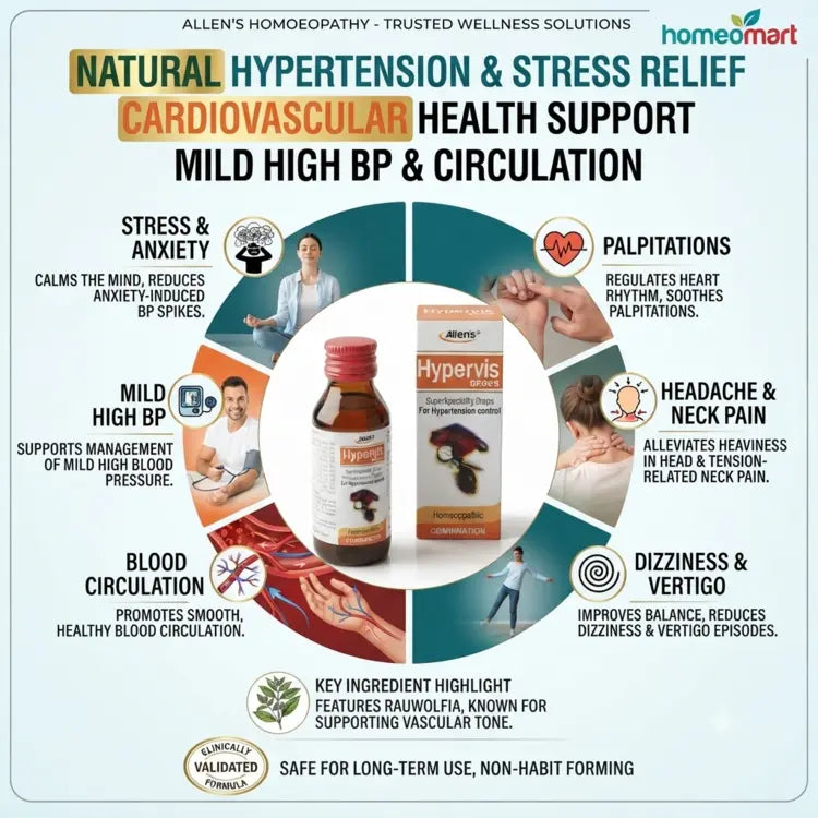Hypervis uses, homeopathic medicine for mild high blood pressure, natural remedy for hypertension, homeopathy for blood circulation problems, medicine for dizziness due to blood pressure, homeopathy for vertigo and hypertension, remedy for heaviness in head and neck pain, natural support for cardiovascular health, homeopathy for irregular blood circulation, Rauwolfia homeopathic drops, homeopathy for palpitations and anxiety, medicine for stress induced hypertension,