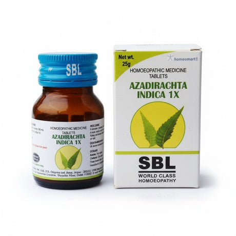 SBL Azadirachta Indica 1X (Neem) homeopathic medicine bottle and packaging on a white background