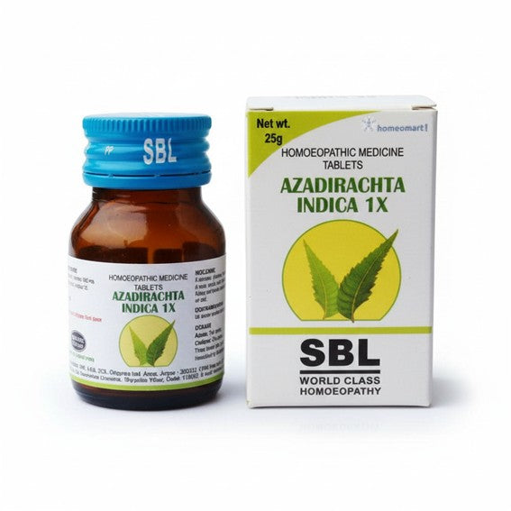 SBL Azadirachta Indica 1X (Neem) homeopathic medicine bottle and packaging on a white background