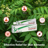 Topi Azadirachta cream packaging with neem leaves and skin symptoms like eczema, ulcers, itching icons on a green background