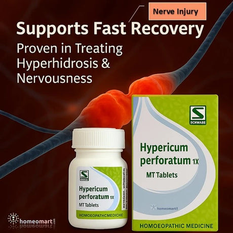 Hypericum perforatum homeopathic medicine packaging with text about nerve injury support and treatment.