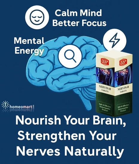 a brain illustration with text benefits and nerve tablet box 