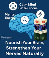 a brain illustration with text benefits and nerve tablet box 