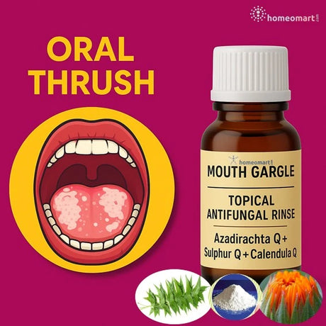 Mouth gargle bottle for oral thrush with illustration of mouth and ingredients on a pink background