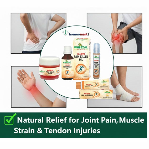 Homeo remedies for joint pain and muscle strain with product packaging and usage examples.