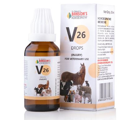 A bottle of Bakson's V26 (Injury) Drops for veterinary use, with a picture of a horse and a cow on the label, indicating it is a homeopathic remedy for injuries in animals.
