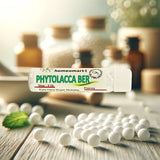 Homeomart Phytolacca Ber product on a wooden surface with white globules and blurred bottles in the background.