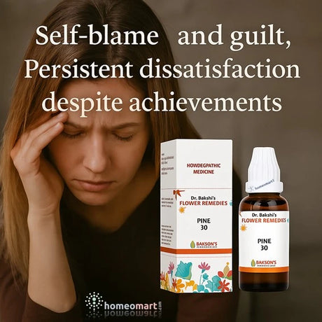 Despondent Woman next to Dr. Bach's Flower Remedies Pine 30 packaging and bottle on a dark background.
