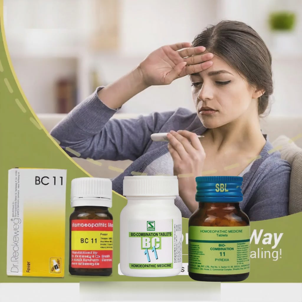 a lady touching her forhead and checking digital thermometer to assess temperature in fever condition and bottle of BC11 fever tablets
