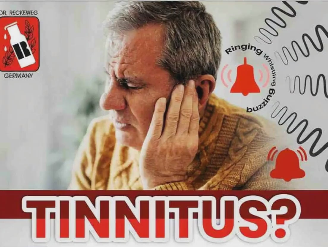 a brief video showing an aged man suffering ringing in ears and R191 tinnitus drops in background 