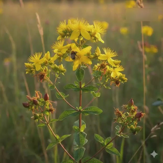 brief video showing St Johns wort plant and hypericum homeopathy medicines with indications & benefits
