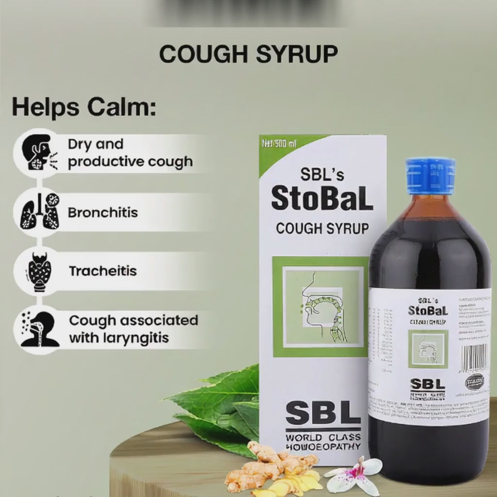 a 10 sec video showing a bottle of sbl stobal cough syrup and its benefits in laryngitis, tracheitis, bronchitis