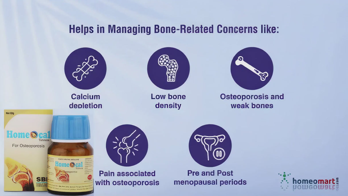 video showing various osteoporosis symptoms and a bottle of homeocal tablets