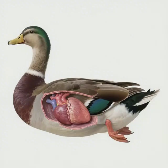 video showing a Muscovy duck and cross sectional view of its heart and liver and Oscillococcinum homeopathy pills