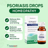 Soriafit psoriasis drops packaging with infographic details on psoriasis relief on a green background