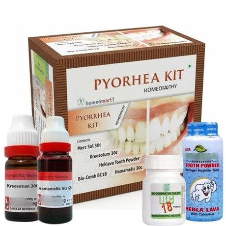 Pyorhea Kit homeopathy product set with various bottles and a box on a white background