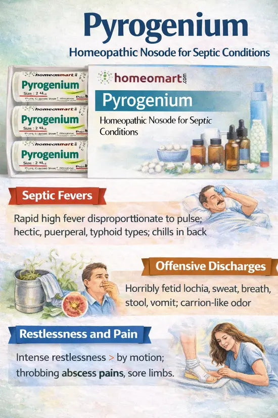 pyrogenium homeopathic medicine, septic fever homeopathy, typhoid homeopathic remedy, fever after delivery medicine, homeopathy for poisoning recovery, irregular menses homeopathy, dysentery homeopathic medicine
