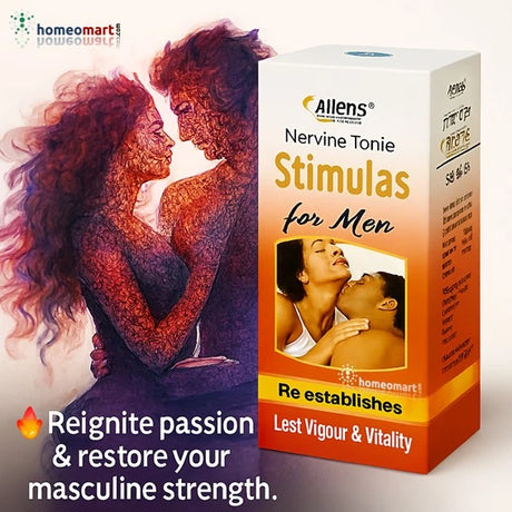 Advertisement for Allens Nervine Tonie Stimulas for Men with a couple embracing and product packaging.