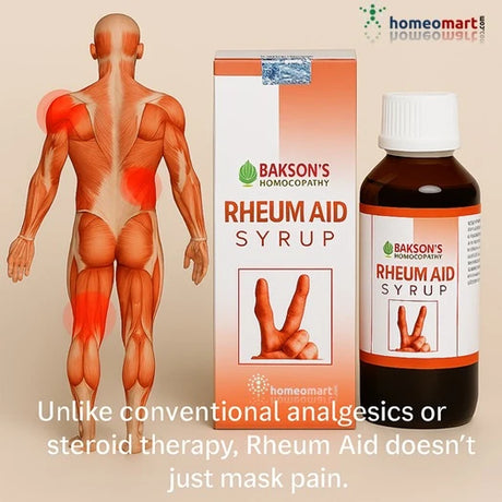 Bakson's Rheum Aid Syrup packaging and bottle with a body illustration showing rheumatoid arthritis symptoms.