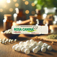 Rosa Canina homeopathic globules with packaging on a wooden surface