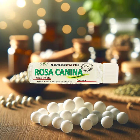 Rosa Canina homeopathic globules with packaging on a wooden surface