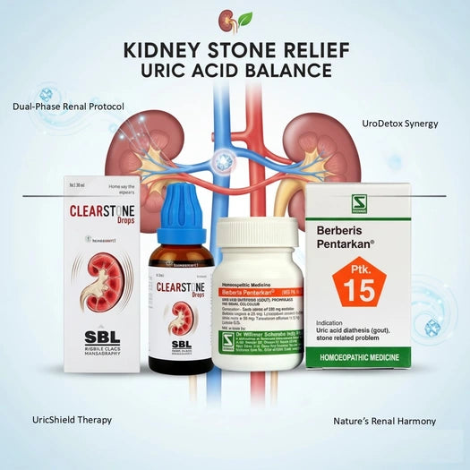 Medications and supplements for kidney stone relief and uric acid balance with a renal diagram in the background.