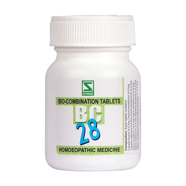 White bottle of Bio-Combination Tablets BC 28 on a white background