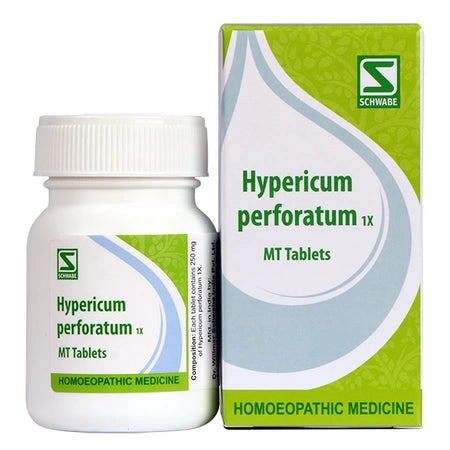 Bottle and box of Hypericum perforatum MT Tablets with Schwabe branding on a white background