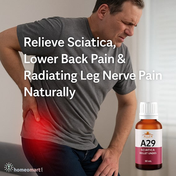 A29 drops relieves sciatica, backache, and leg nerve pain with Rhus tox, Colocynthis & Hypericum