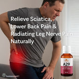 A29 drops relieves sciatica, backache, and leg nerve pain with Rhus tox, Colocynthis & Hypericum