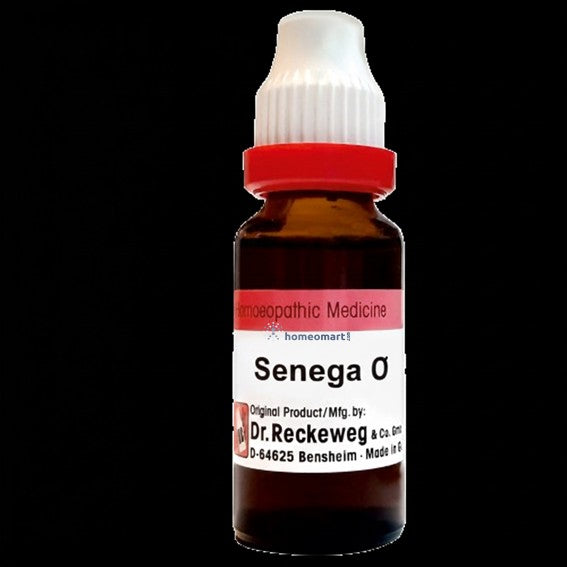 Bottle of Senega Q homeopathic medicine with a white cap on a black background