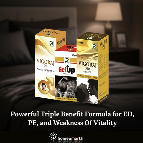 Three boxes of Vigoraj products on a blurred bedroom background with 'homeomart' branding.