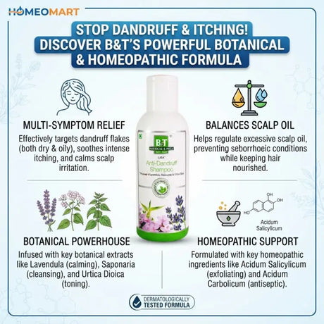 Schwabe B&T Anti Dandruff homeopathy shampoo, Anti Dandruff herbal Shampoo, Dandruff Control, Itchy Scalp, Flaky Scalp, Scalp Irritation, Oily Scalp, Scalp Care, Hair Care, Seborrhoeic Scalp, Botanical Shampoo, Lavendula, Saponaria, Urtica Dioica, Acidum Salicylicum, Acidum Carbolicum, 150ml, Schwabe India, Anti Flaking Shampoo, Hair Cleansing, Dandruff Prone Hair