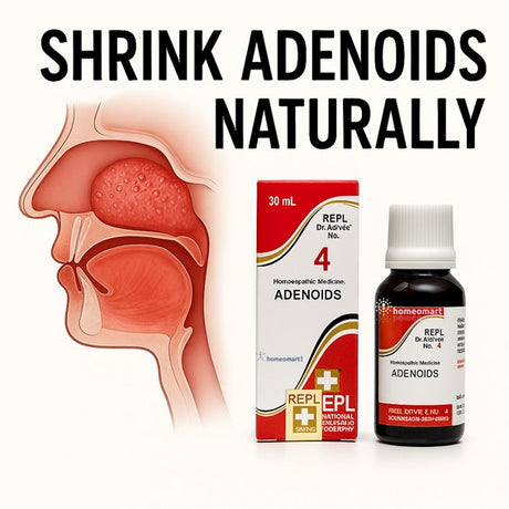 Homeopathic medicine for adenoids with packaging and illustration of adenoids.