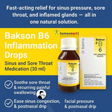 Advertisement for Bakson B6 Inflammation Drops with bottle and packaging on a blue and yellow background.