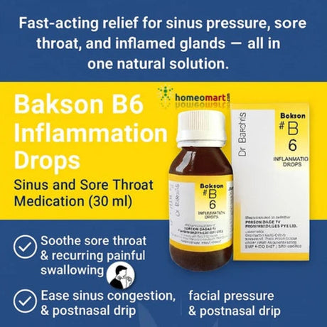 Advertisement for Bakson B6 Inflammation Drops with bottle and packaging on a blue and yellow background.