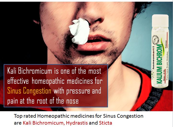 Person using a cotton swab in nose (indicating sinus congestion) with Kali Bichromicum homeopathic medicine bottle displayed.