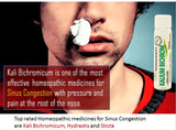 Person using a cotton swab in nose (indicating sinus congestion) with Kali Bichromicum homeopathic medicine bottle displayed.