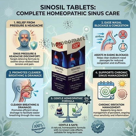 Sinosil tablets packaging with homeopathic benefits like easing sinus pressure & headache discomfort
